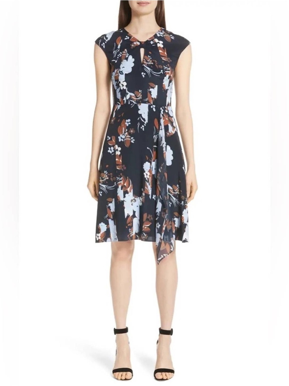 St. John Collection Silk Floral Fit & Flare Midi Dress Navy Blue Painted